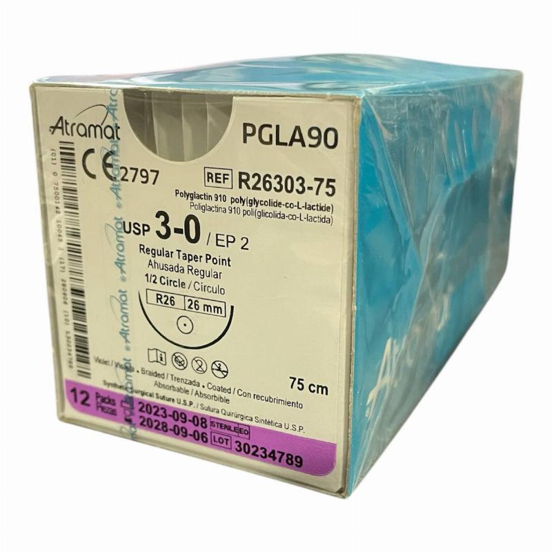 PGLA90 Поліглактин 910 плетений, фіолетова, розсмоктується, USP 3-0 (EP2) з колючою голкою 26мм, 1/2 кола, довж. нитки 75см